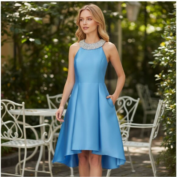 NWOT  Adrianna Papell Beaded-Neck Mikado Dress Cool Cloud - Picture 1 of 11